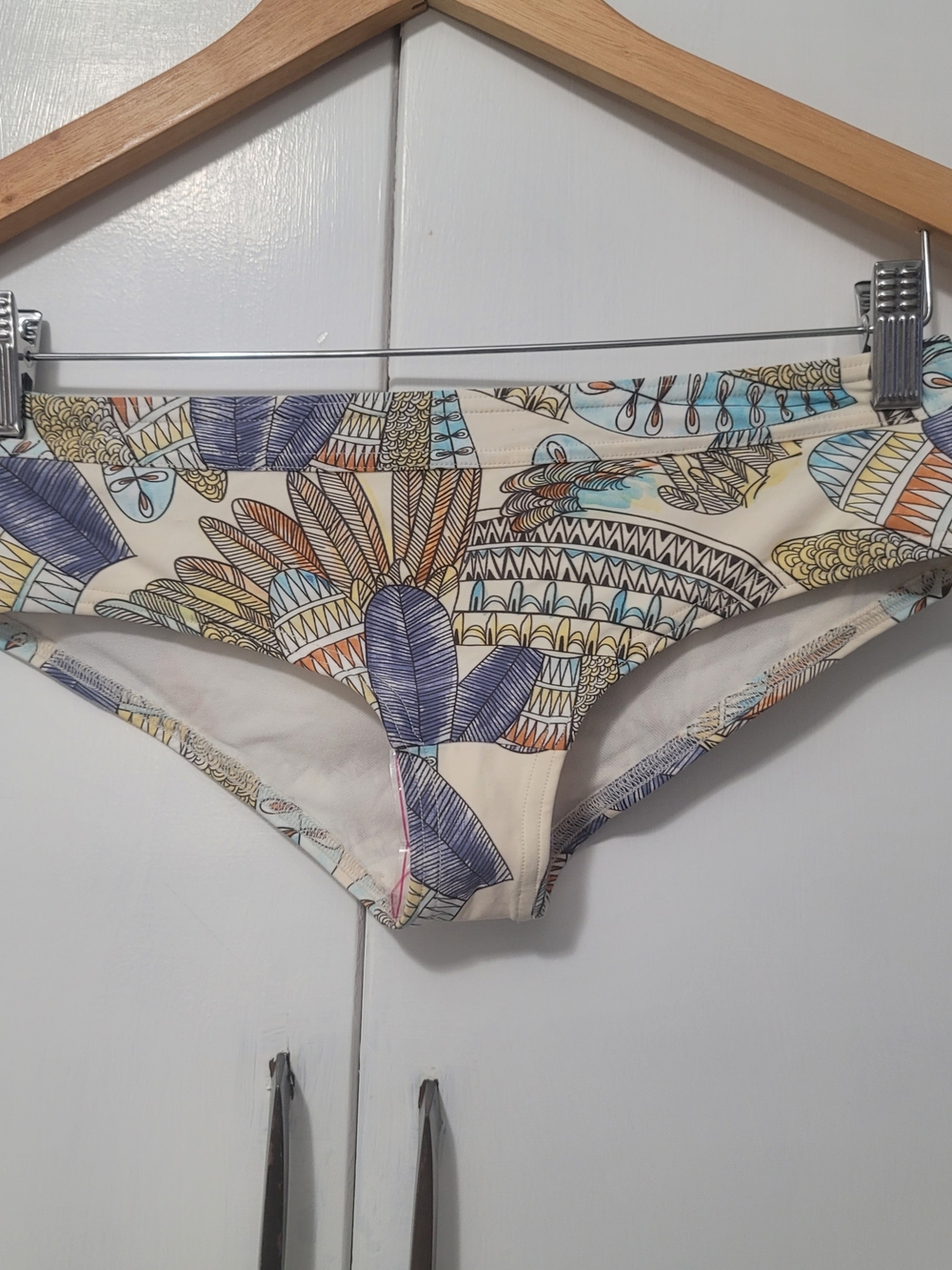 Quiksilver Cream Bikini Bottoms with Blue & Tan Feather Print